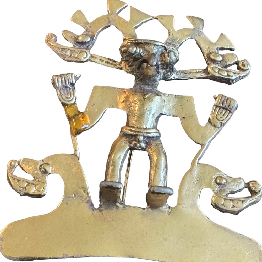 Vintage Alva Studios gold tone reproduction Mayan Inca figure brooch